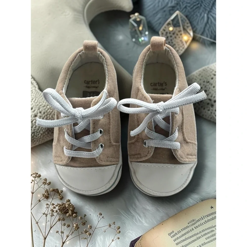 Carters Child of Mine Tan Jersey Knit Crib Shoes Sneakers 3-6M Baby Boys Girls